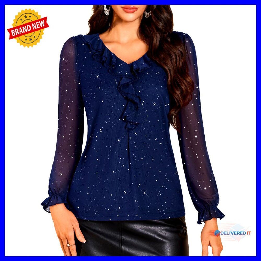 Sequin Mesh Long Sleeve Blouse With Ruffle V-Neck For Party Wear